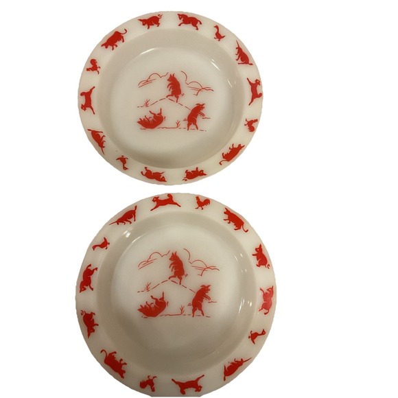 Hazel-Atlas Other - Pair Of 2 HAZEL ATLAS MILK GLASS BOWL Three Little Pigs & farm animals.  1950s